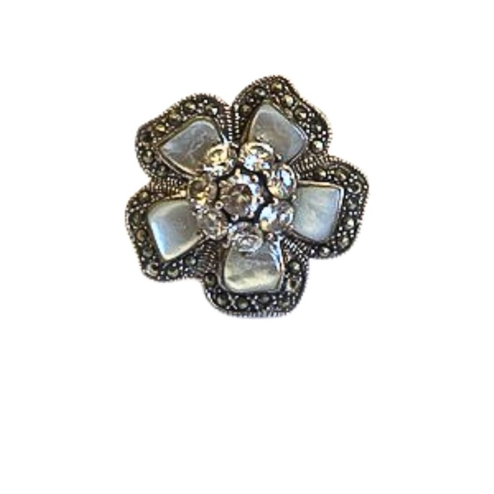 Vintage Moonstone and Crystal Flower Sterling Cocktail Ring